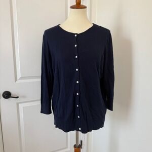 Chaps Womens Navy Blue 100% Cotton Button Front Crew Neck Cardigan Sweater 1X